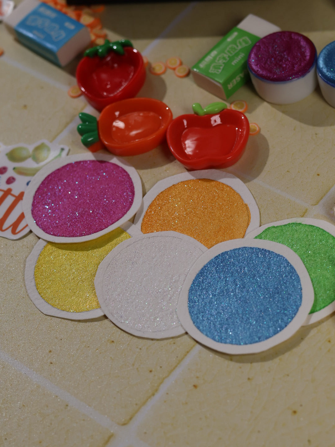 Tutti frutti - 6 aquarelles pailletées | aquarelles à paillettes fluos | aquarelle métallisée et pailletées | aquarelle artisanale fait main
