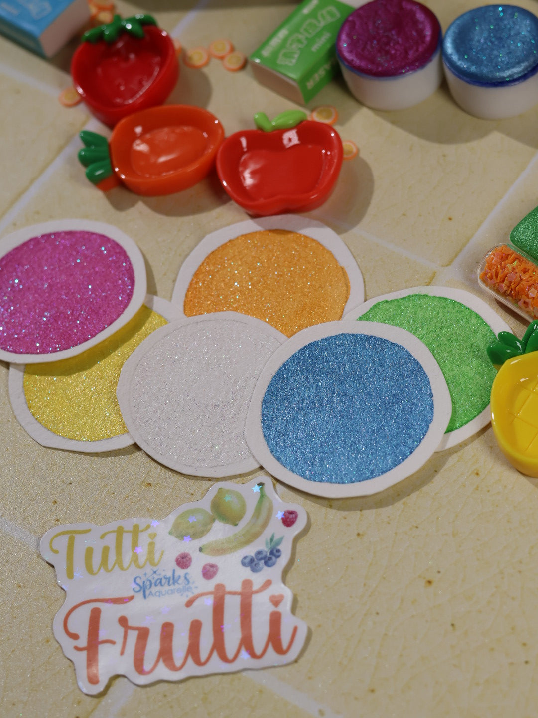 Tutti frutti - 6 aquarelles pailletées | aquarelles à paillettes fluos | aquarelle métallisée et pailletées | aquarelle artisanale fait main