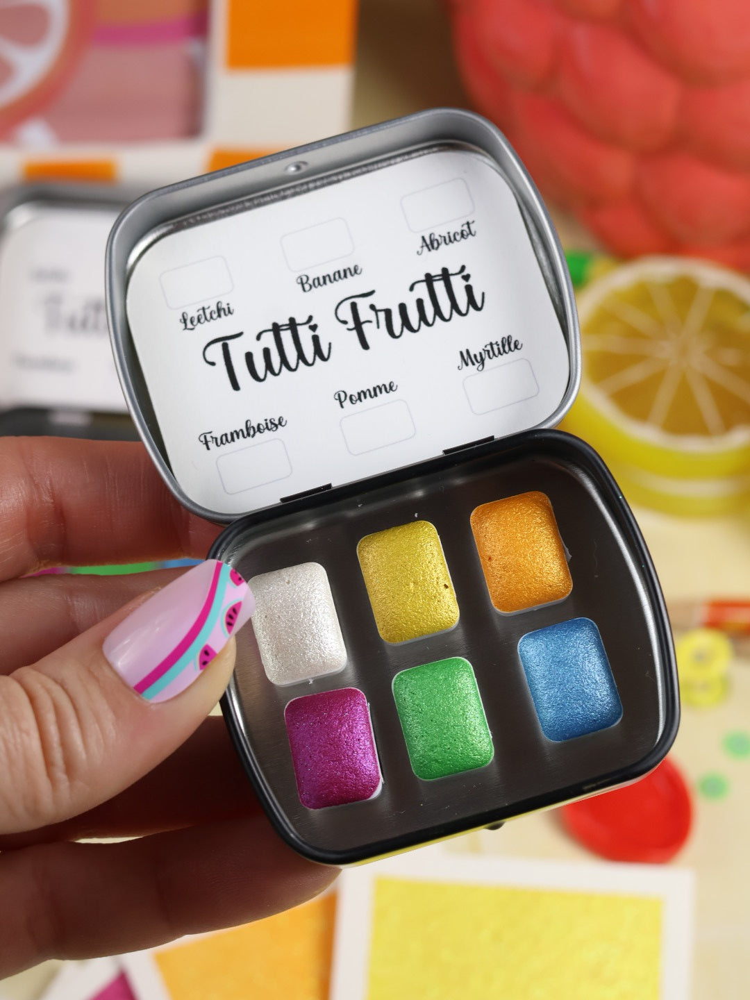 Tutti frutti - 6 aquarelles pailletées | aquarelles à paillettes fluos | aquarelle métallisée et pailletées | aquarelle artisanale fait main