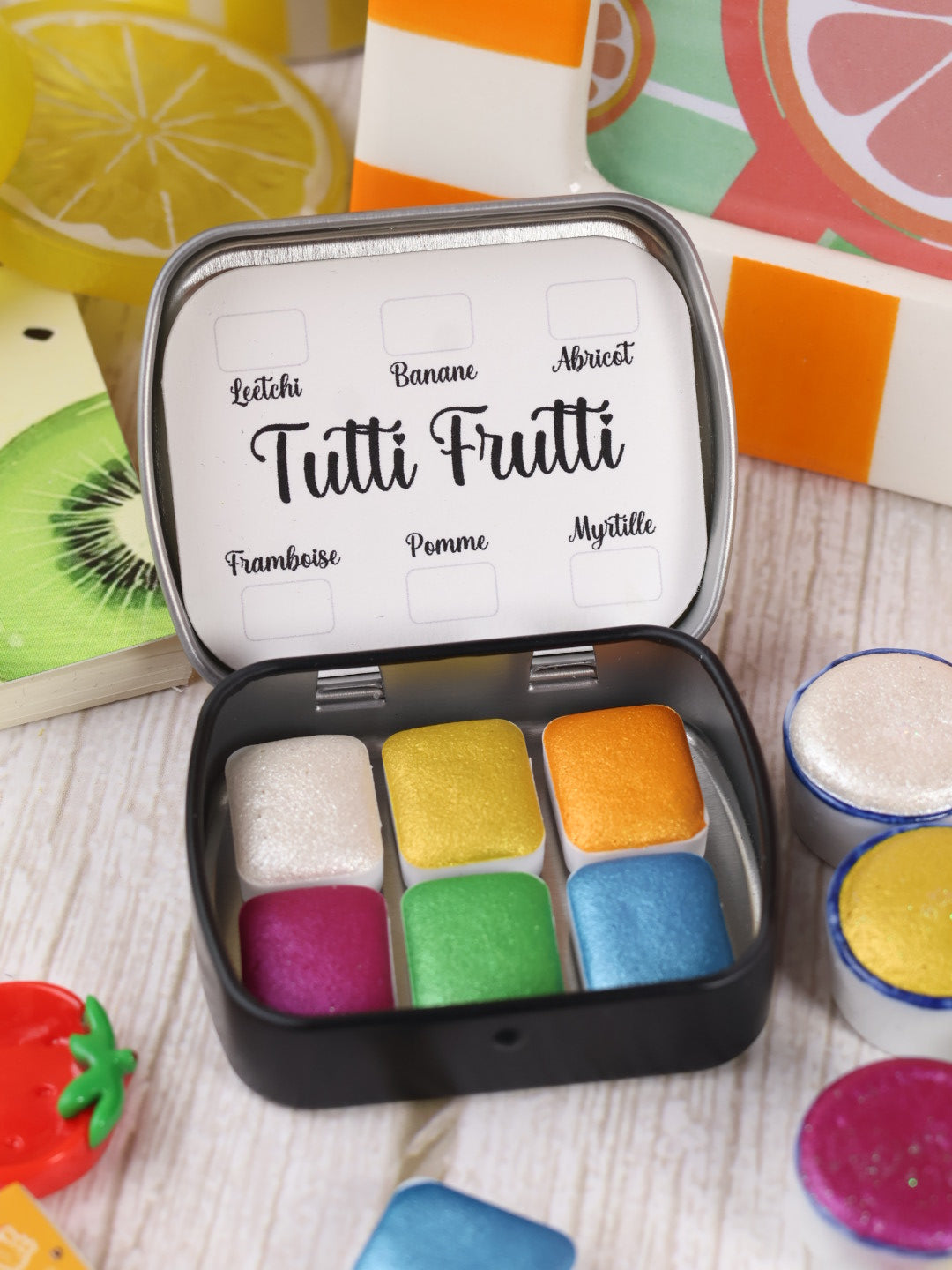 Tutti frutti - 6 aquarelles pailletées | aquarelles à paillettes fluos | aquarelle métallisée et pailletées | aquarelle artisanale fait main