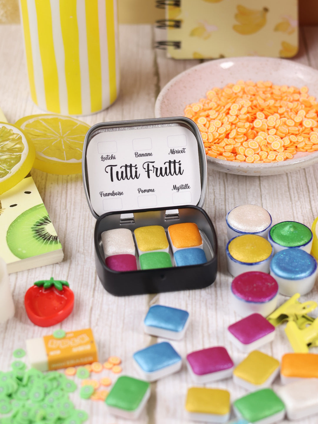 Tutti frutti - 6 aquarelles pailletées | aquarelles à paillettes fluos | aquarelle métallisée et pailletées | aquarelle artisanale fait main