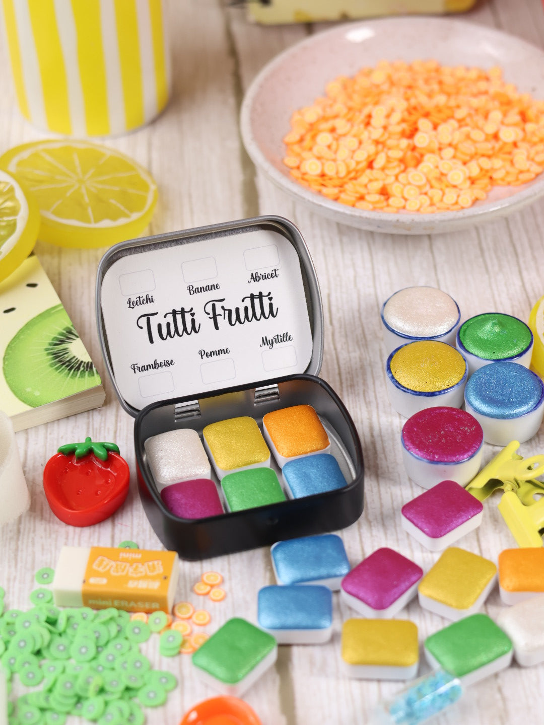 Tutti frutti - 6 aquarelles pailletées | aquarelles à paillettes fluos | aquarelle métallisée et pailletées | aquarelle artisanale fait main