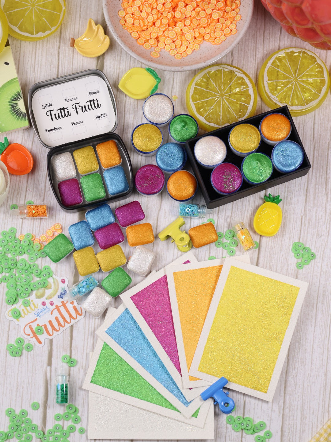 Tutti frutti - 6 aquarelles pailletées | aquarelles à paillettes fluos | aquarelle métallisée et pailletées | aquarelle artisanale fait main