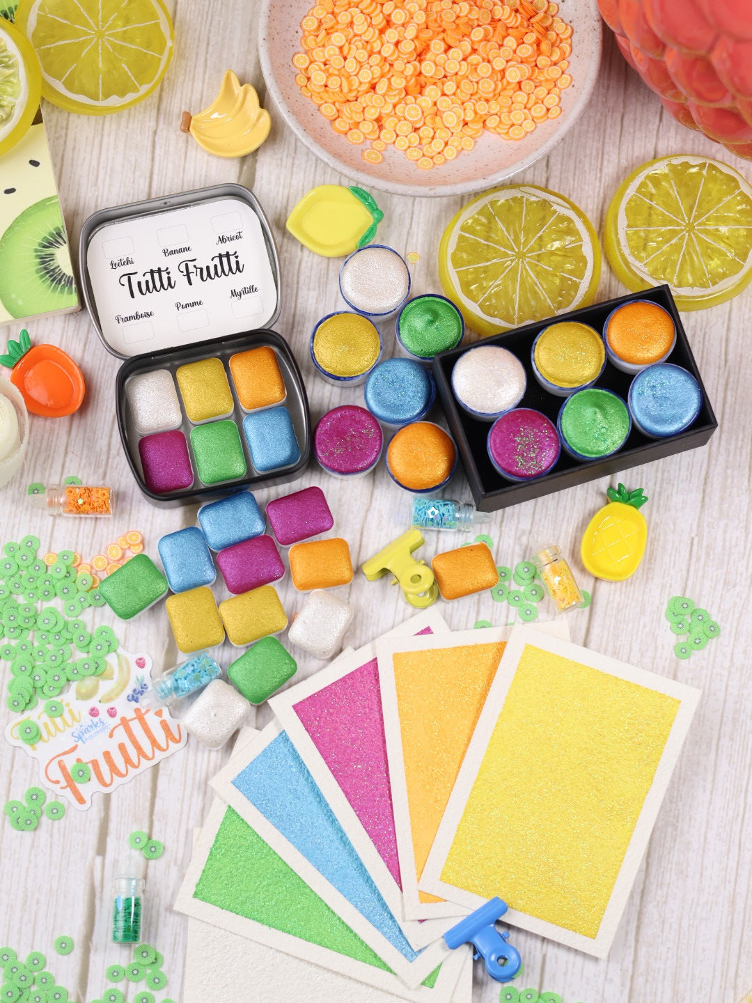 Tutti frutti - 6 aquarelles pailletées | aquarelles à paillettes fluos | aquarelle métallisée et pailletées | aquarelle artisanale fait main