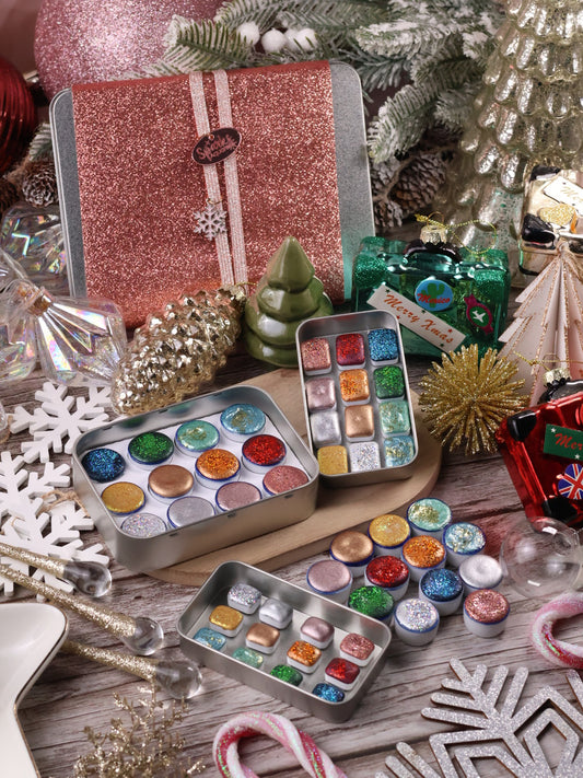 🎄✨ Lueurs du monde – 12 godets d’aquarelle à effets | Noël 2025  | aquarelle métallisées et pailletées | aquarelle artisanat | cadeau Noël artiste peintre