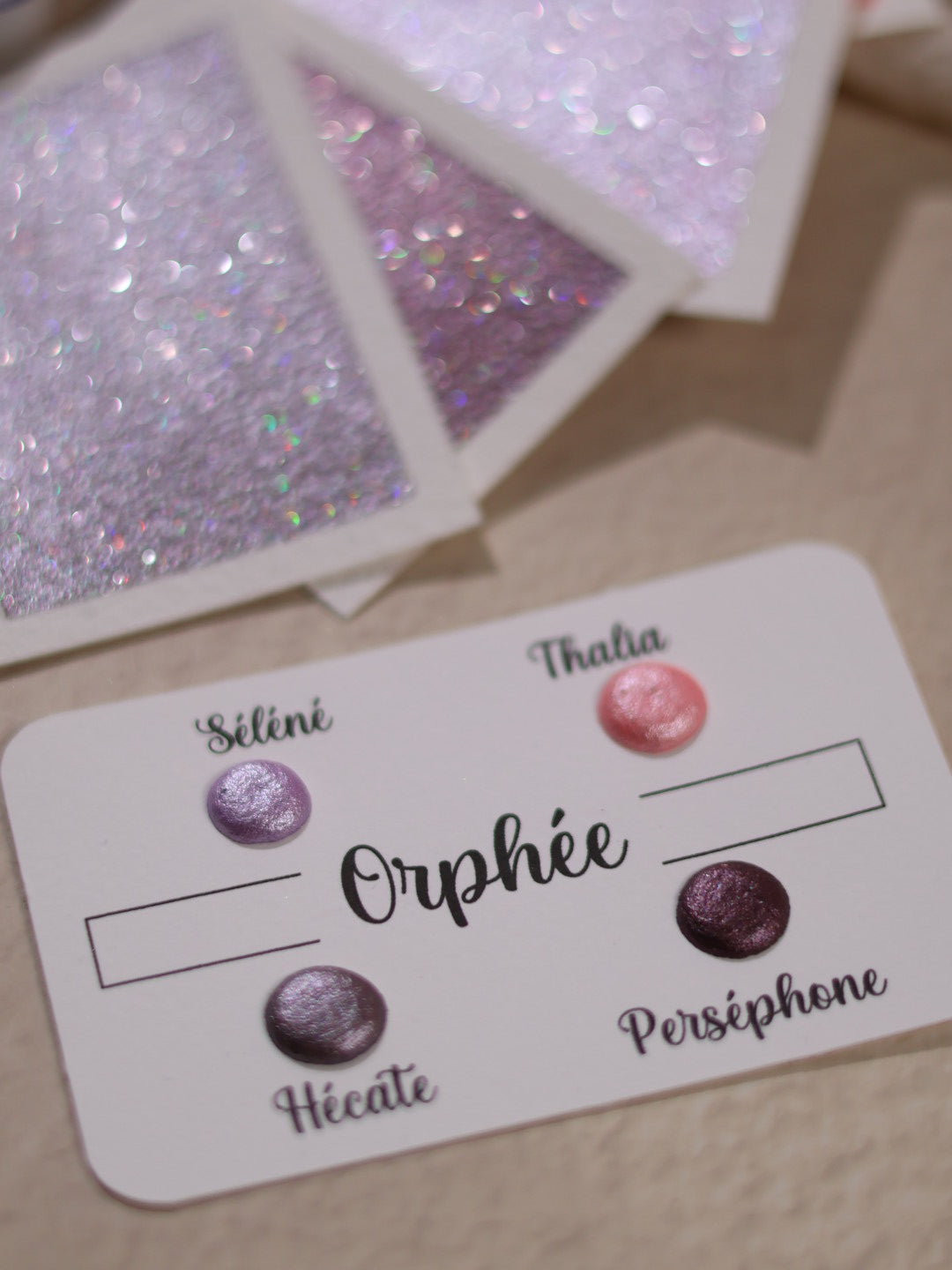 Orpheus | Punktkarte 4 Glitzer-Aquarellfarben | handgefertigte Aquarellfarben | hergestellt in Frankreich | holografischer Glitzer