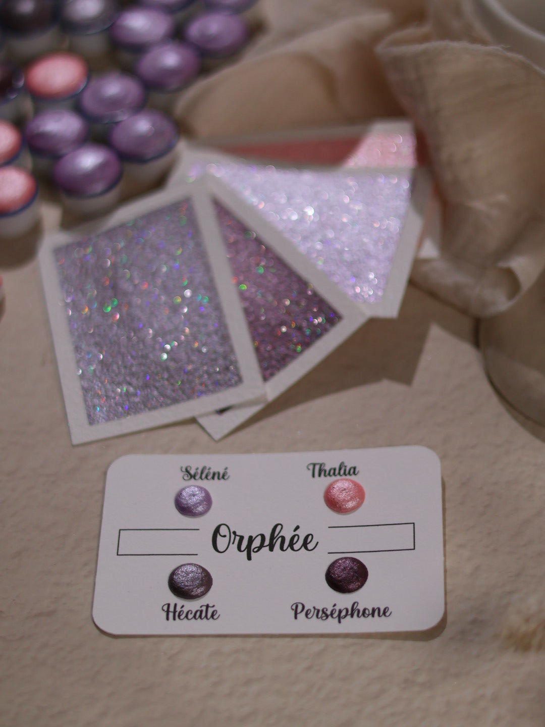 Orpheus | Punktkarte 4 Glitzer-Aquarellfarben | handgefertigte Aquarellfarben | hergestellt in Frankreich | holografischer Glitzer