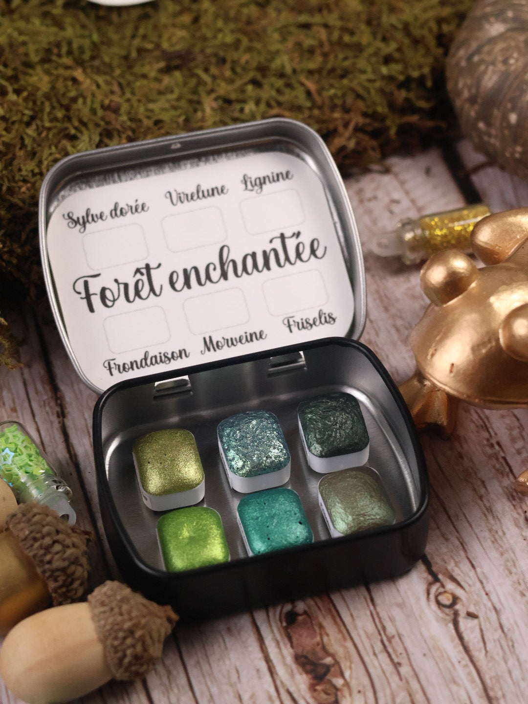 Forêt Enchantée | Aquarelles à paillettes Velvet | 6 couleurs magiques et féeriques | Profondes, lumineuses, mystérieuses | Fait main