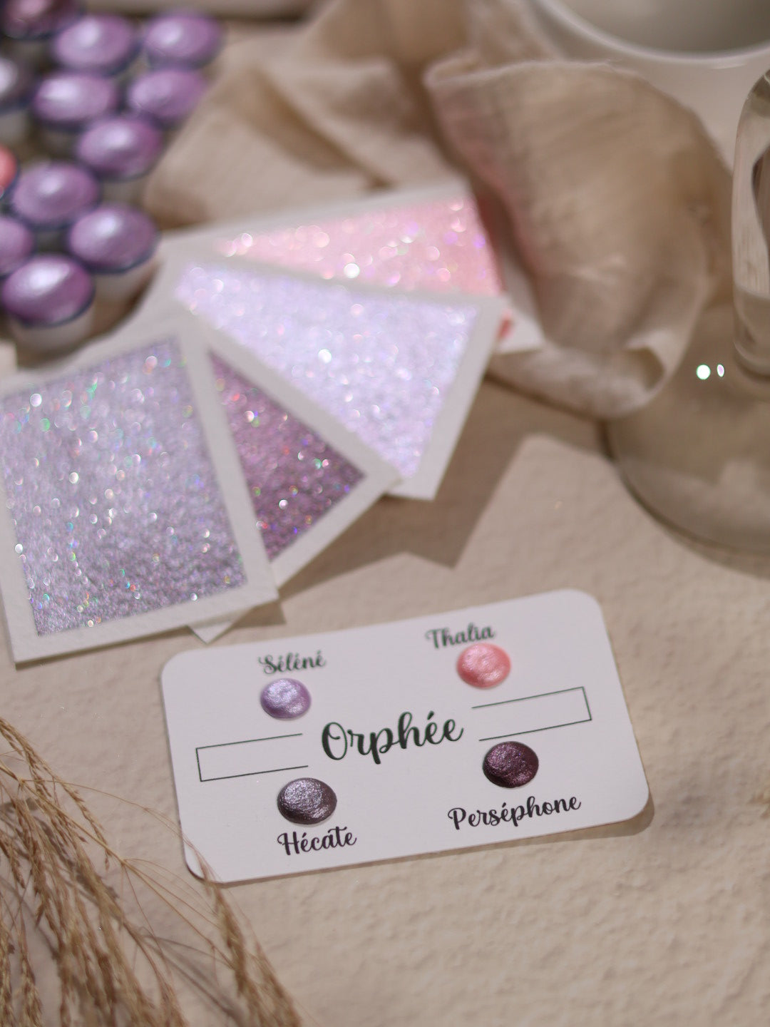 Orpheus | Punktkarte 4 Glitzer-Aquarellfarben | handgefertigte Aquarellfarben | hergestellt in Frankreich | holografischer Glitzer