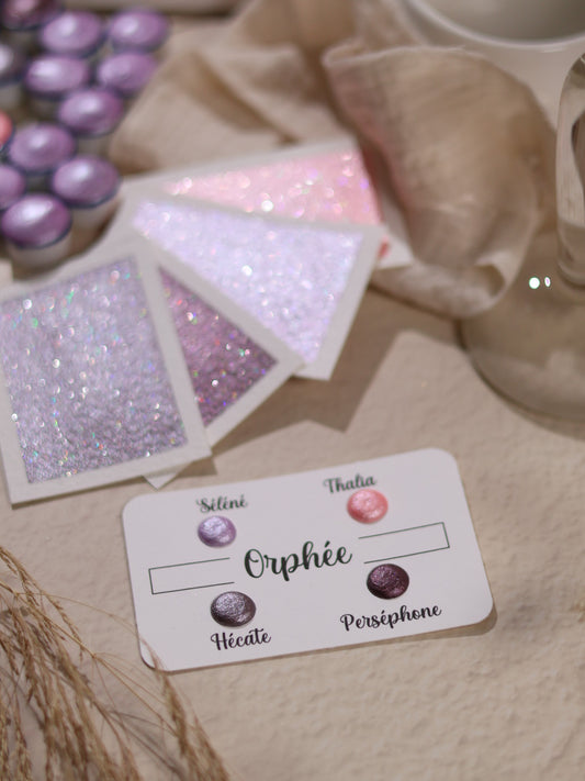 Orphée | Dot card 4 aquarelles pailletées | aquarelles artisanales | fabriqué en France | paillettes holographiques