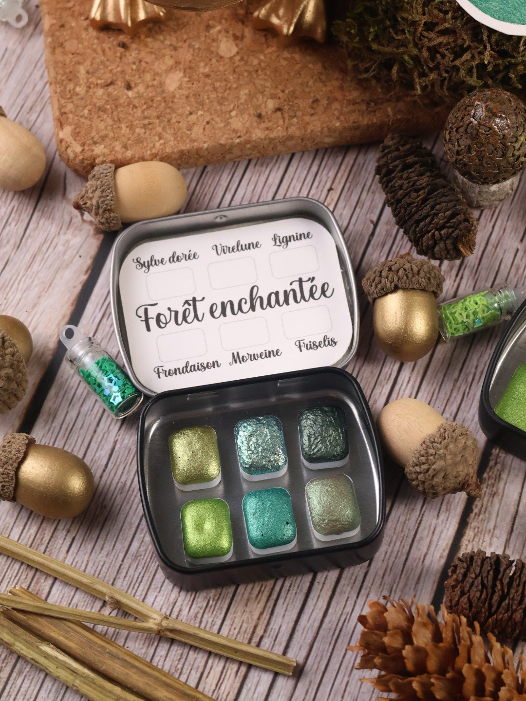 Forêt Enchantée | Aquarelles à paillettes Velvet | 6 couleurs magiques et féeriques | Profondes, lumineuses, mystérieuses | Fait main