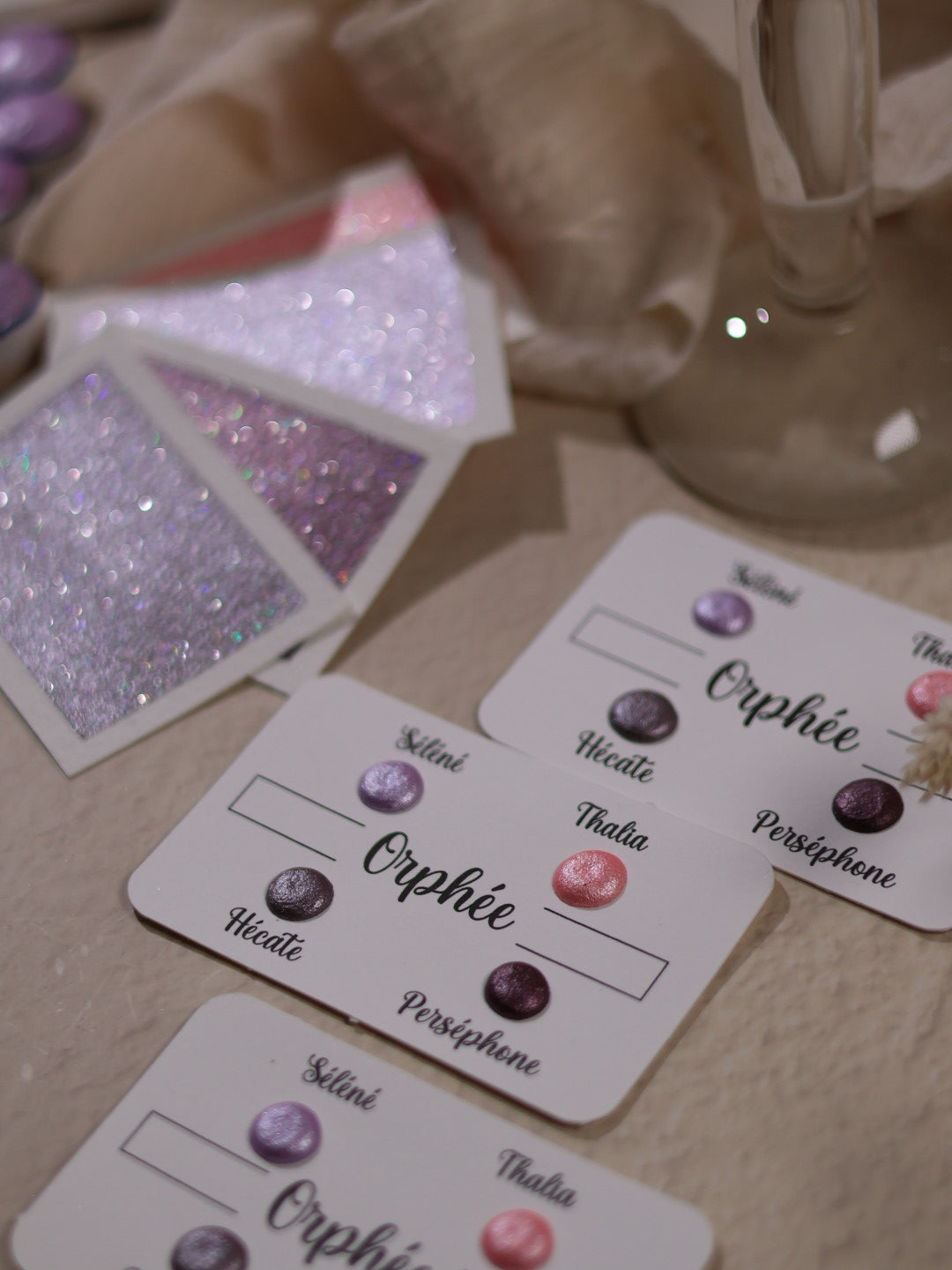 Orpheus | Punktkarte 4 Glitzer-Aquarellfarben | handgefertigte Aquarellfarben | hergestellt in Frankreich | holografischer Glitzer