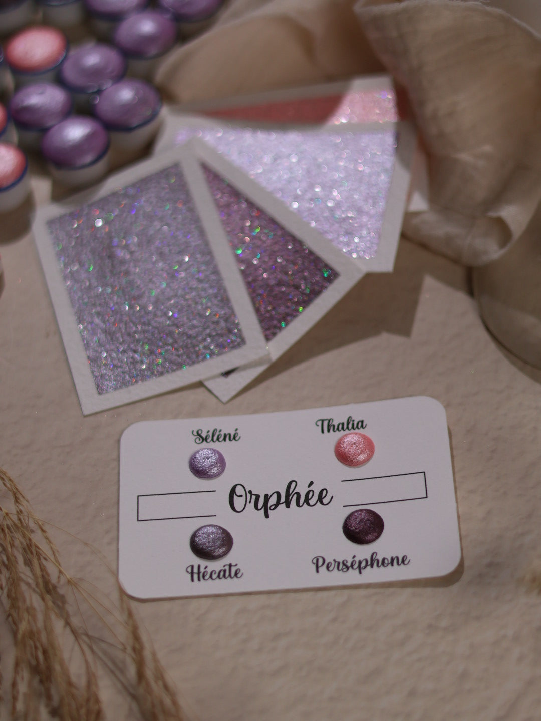 Orpheus | Punktkarte 4 Glitzer-Aquarellfarben | handgefertigte Aquarellfarben | hergestellt in Frankreich | holografischer Glitzer