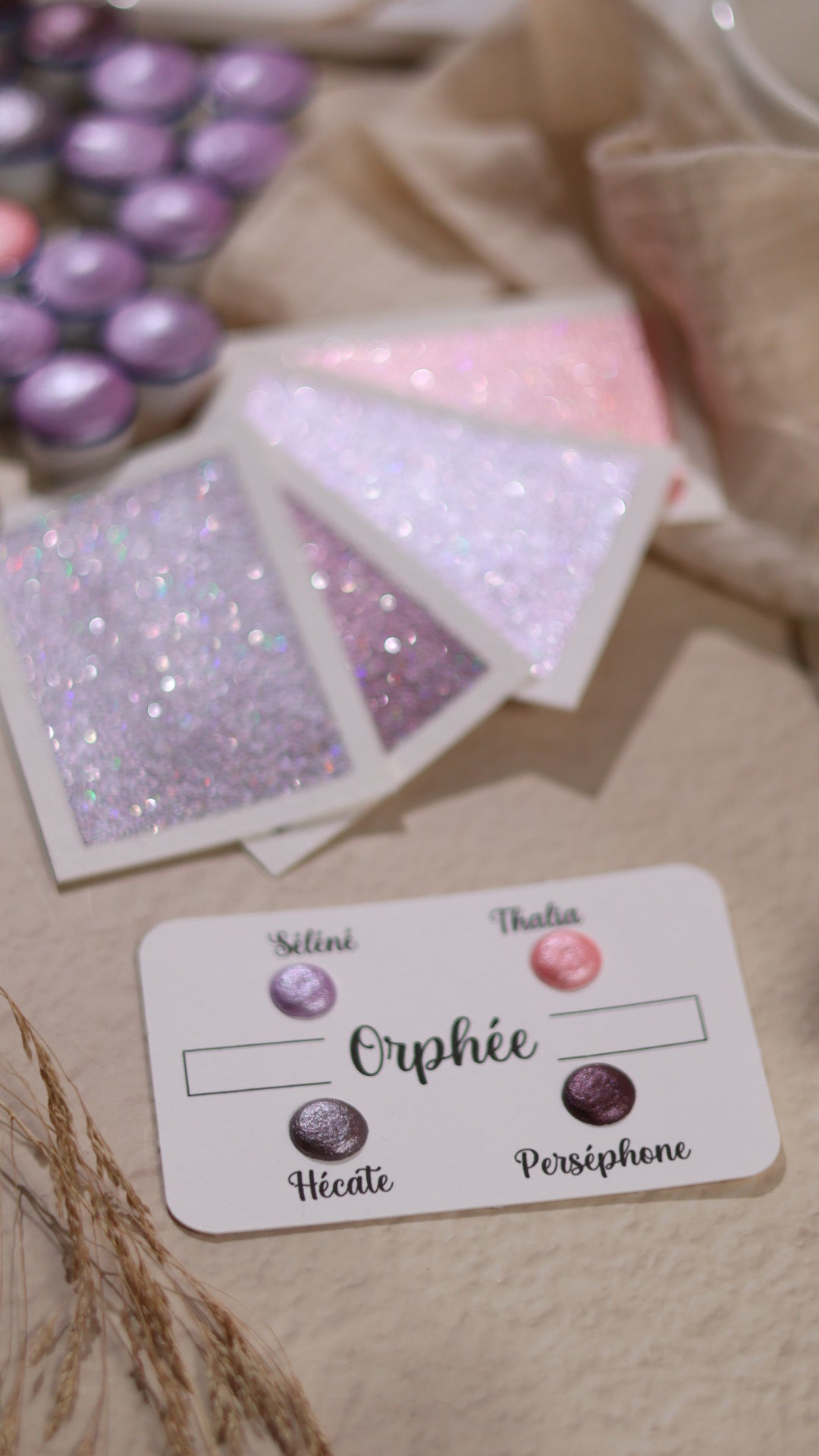 Orpheus | Punktkarte 4 Glitzer-Aquarellfarben | handgefertigte Aquarellfarben | hergestellt in Frankreich | holografischer Glitzer