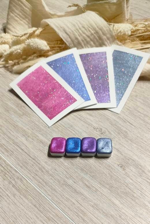 Ligée | 4 aquarelles pailletées rose, bleu, gris et violet | aquarelles artisanales | fait à la main | paillette holographique | coloriage