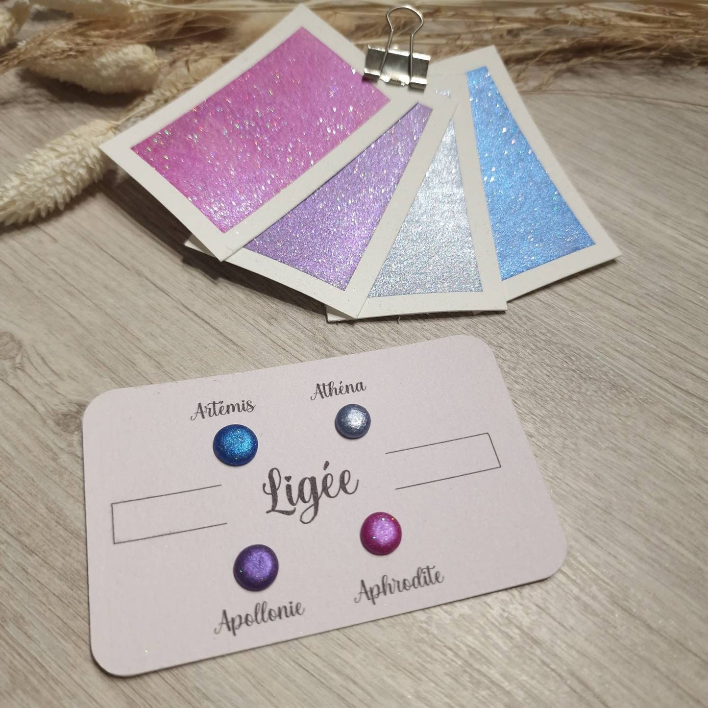 Ligée | Dot card 4 aquarelles pailletées rose, bleu, gris et violet | aquarelles artisanales | fabriqué en France | paillette holographique