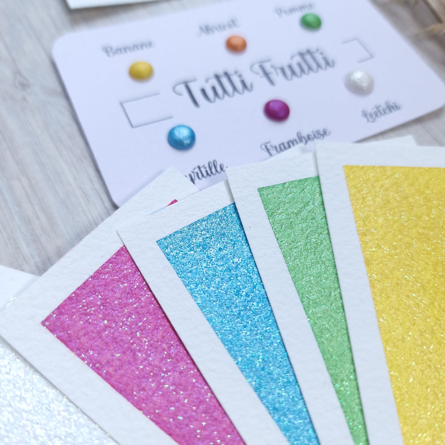 Tutti Frutti | Dot card de 6 aquarelles pailletées | aquarelles artisanales | peinture pour artiste | peinture calligraphie main
