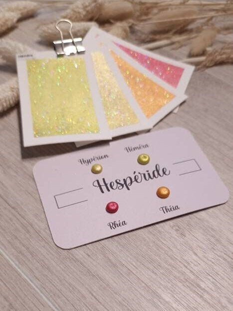 Hesperide | Dot card 4 aquarelles pailletées rose, jaune et orange | aquarelles artisanales | fabriqué en France | paillettes holographiques