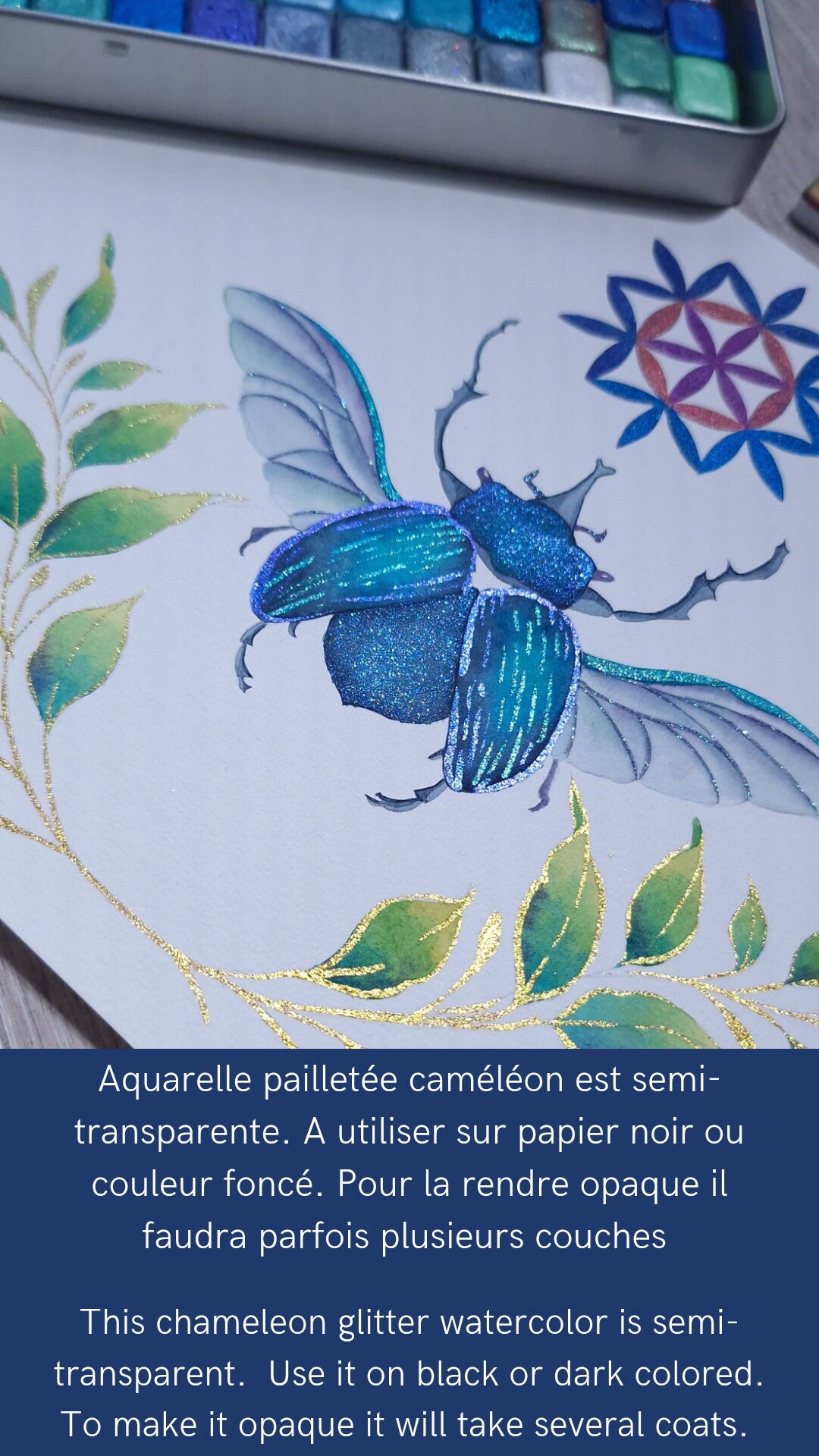 Cétoine - Quart de godet aquarelle caméléon | aquarelle artisanales fabriquée à la main | peinture duochrome | peinture coloriage adulte