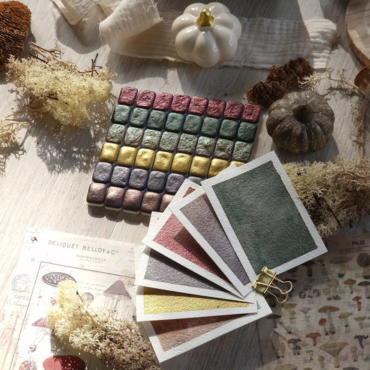 Cueillette Secrète - 6 aquarelles métallisées | aquarelles granulation duochrome | aquarelle métallisées et pailletées | aquarelle artisan