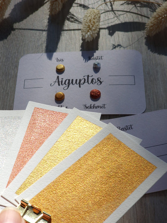 Aiguptos - Dot card de 4 aquarelles métallisées | aquarelles artisanales | peinture pour artiste | peinture calligraphie main