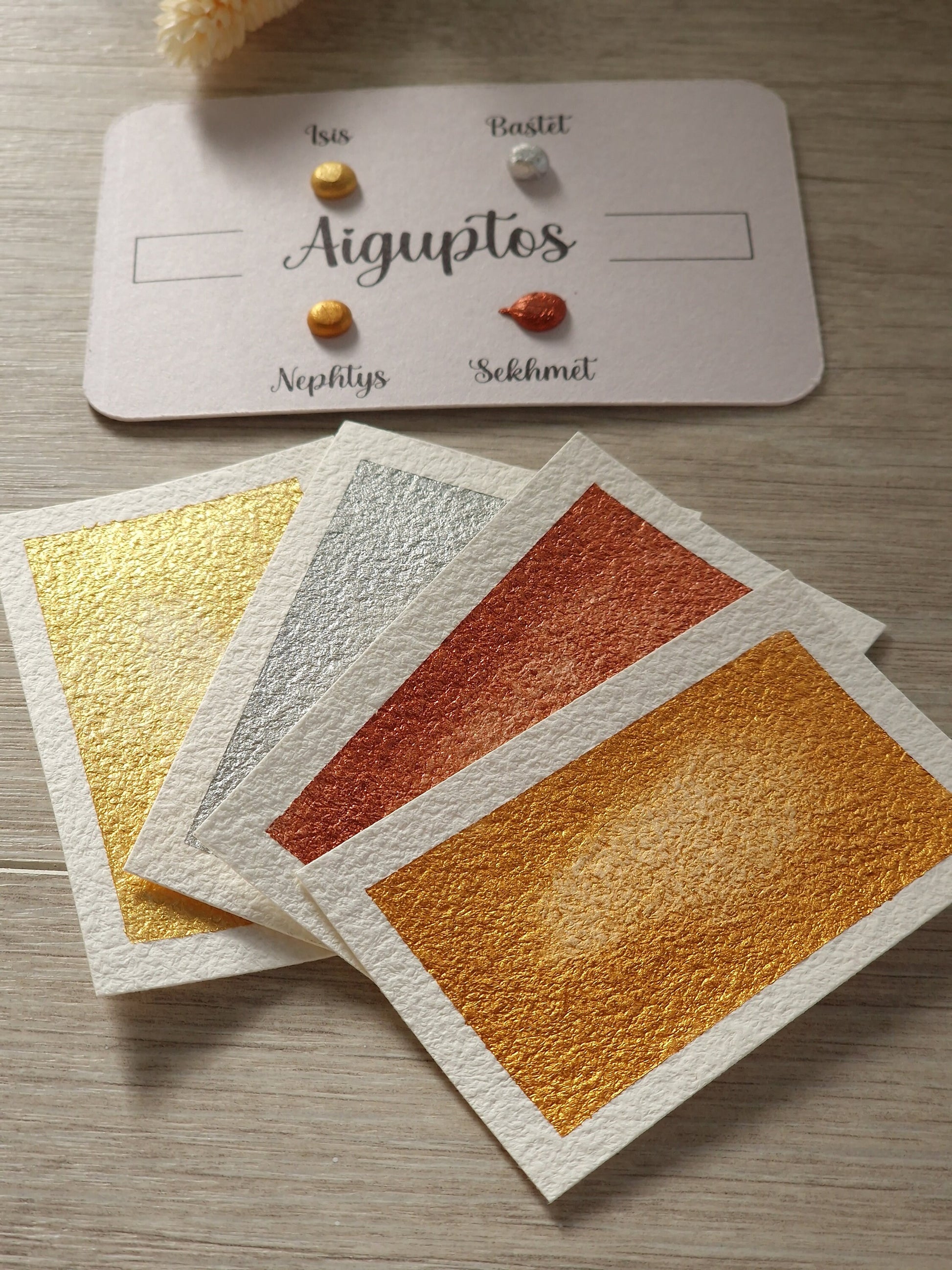 Aiguptos - Dot card de 4 aquarelles métallisées | aquarelles artisanales | peinture pour artiste | peinture calligraphie main